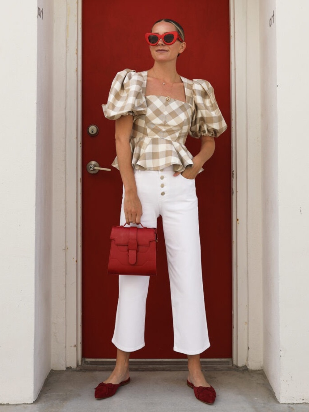 Hunter Bell Conway Top in Neutral Beige Gingham